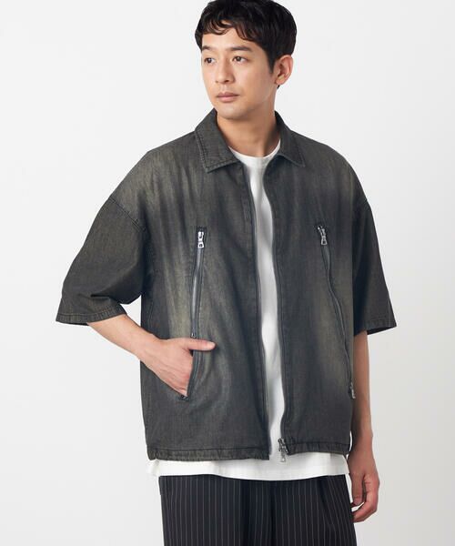 Purple&Yellow / パープルアンドイエロー Gジャン・デニムジャケット | ライトオンスデニム ジップポケット 半袖ブルゾン（フェードチャコール）