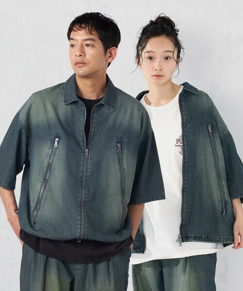 Purple&Yellow / パープルアンドイエロー Gジャン・デニムジャケット | ライトオンスデニム ジップポケット 半袖ブルゾン（フェードインディゴ）