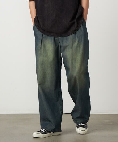Purple&Yellow / パープルアンドイエロー デニムパンツ | ライトオンスデニム タックワイドパンツ(フェードインディゴ)