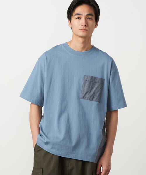 Purple&Yellow / パープルアンドイエロー Tシャツ | バックプリント 布帛切り替えTシャツ（ブルー）