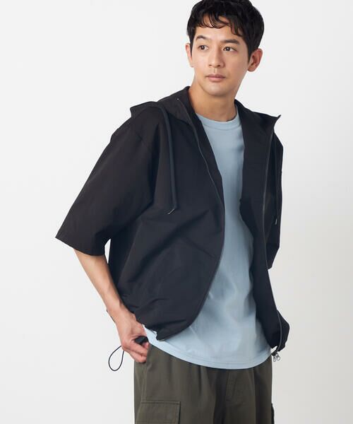 Purple&Yellow / パープルアンドイエロー パーカー | ポリエステルストレッチ 半袖ジップパーカ（ブラック）