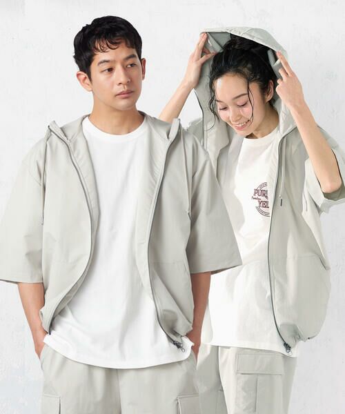 Purple&Yellow / パープルアンドイエロー パーカー | ポリエステルストレッチ 半袖ジップパーカ（ベージュ）