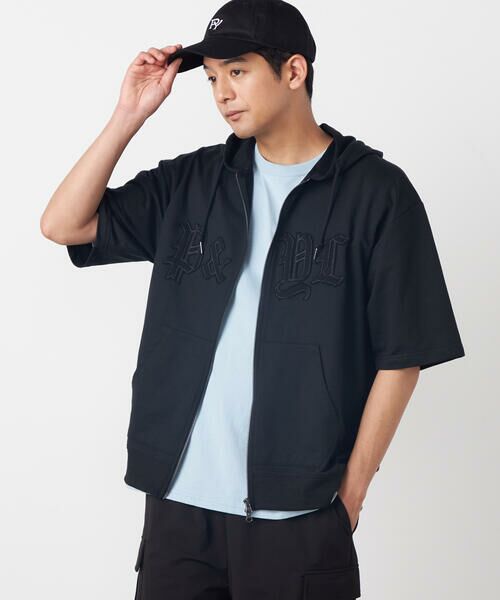 Purple&Yellow / パープルアンドイエロー パーカー | 半袖アップリケ ジップパーカ（ブラック）