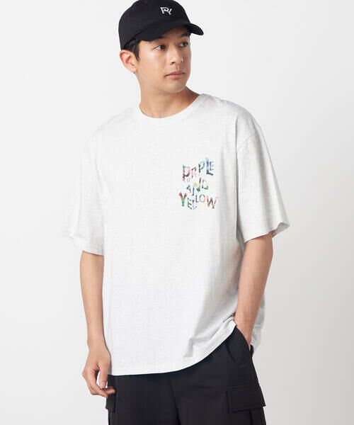 Purple&Yellow / パープルアンドイエロー Tシャツ | バックウェーブプリント 半袖Tシャツ（オートミール）