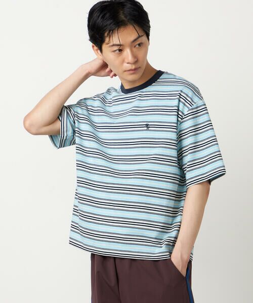 Purple&Yellow / パープルアンドイエロー Tシャツ | マルチボーダー Tシャツ(サックス)