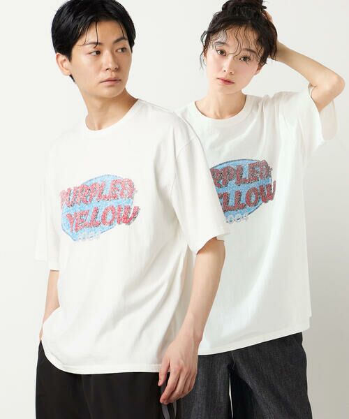 Purple&Yellow / パープルアンドイエロー Tシャツ | カスレロゴプリント フロスト半袖Tシャツ（ホワイト）