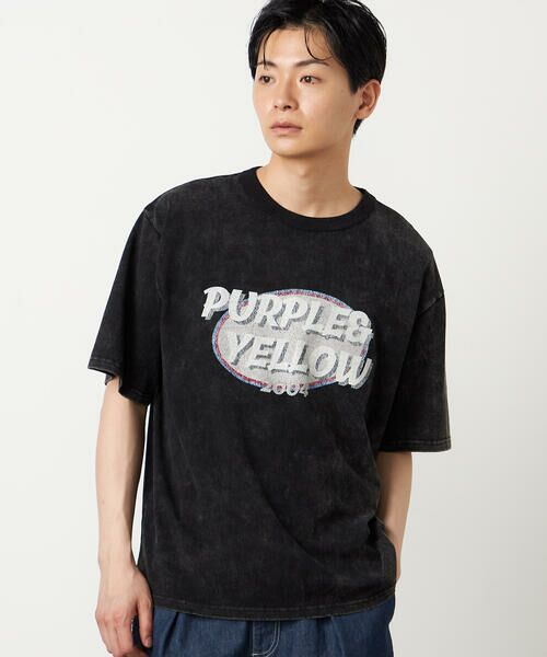 Purple&Yellow / パープルアンドイエロー Tシャツ | カスレロゴプリント フロスト半袖Tシャツ（ブラック）