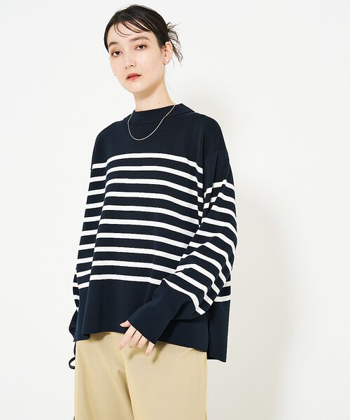qualite/カリテ コットンストレッチハイネックニット ダークネイビー F qualite/カリテ コットンストレッチハイネックニット ダークネイビー F