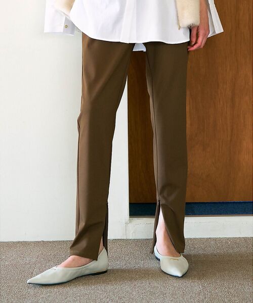 qualite/カリテ 【細見えパンツ】トリコットスリムパンツ ブラウン 36