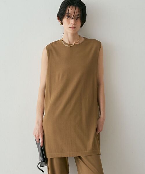qualite / カリテ チュニック | 【接触冷感・セットアップ対応】レーヨンストレッチニットチュニック（ダークベージュ）