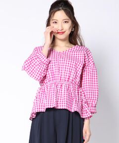 【大きいサイズ】【WEB】ギンガムぺプラムブラウス<br>