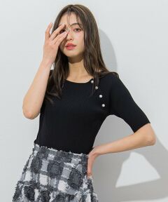 QUEENS COURT / クイーンズコート ニット・セーター | アシメパール5分袖リブニット≪手洗い可能/接触冷感≫