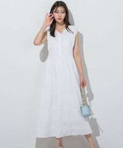 QUEENS COURT / クイーンズコート ロング・マキシ丈ワンピース | レース切り替えノースリワンピース≪洗濯機で洗える≫