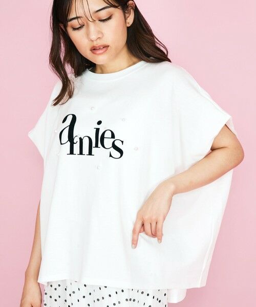 QUEENS COURT / クイーンズコート カットソー | 【LHELBIE】パール付きロゴプリントTシャツ≪洗濯機で洗える≫ | 詳細1