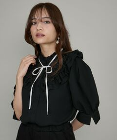 QUEENS COURT / クイーンズコート シャツ・ブラウス | フラワーフリルカラーリボンブラウス≪手洗い可能≫