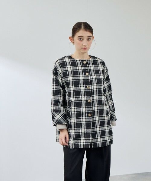 QUEENS COURT / クイーンズコート ダッフルコート | ツィーディチェックノーカラーコート≪手洗い可能≫ | 詳細3