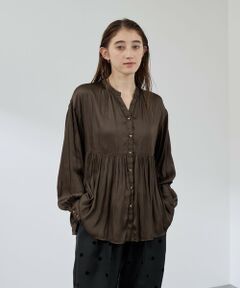 QUEENS COURT / クイーンズコート シャツ・ブラウス | 割繊サテンキーネックペプラムブラウス≪手洗い可能≫