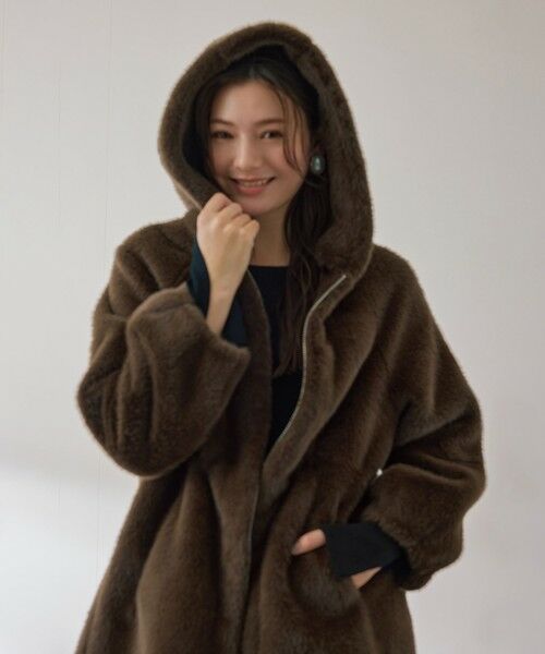 QUEENS COURT / クイーンズコート ダッフルコート | フェイクファーフーディショートコート≪手洗い可能≫（ブラウン）