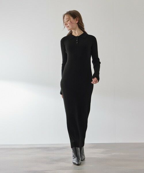 QUEENS COURT / クイーンズコート ロング・マキシ丈ワンピース | ポロカラーリブニットワンピース≪手洗い可能≫ | 詳細1