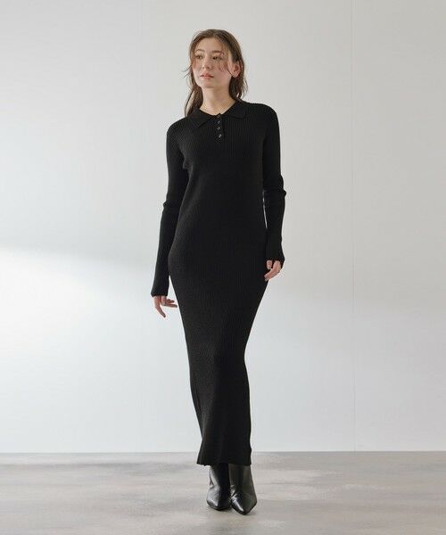 QUEENS COURT / クイーンズコート ロング・マキシ丈ワンピース | ポロカラーリブニットワンピース≪手洗い可能≫（ブラック）