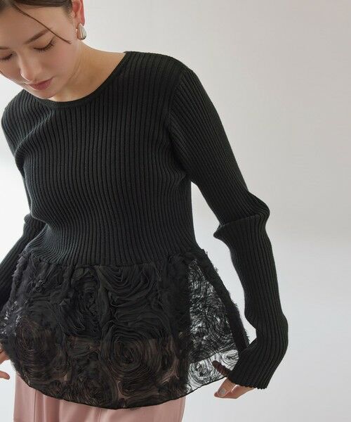 QUEENS COURT / クイーンズコート ニット・セーター | フラワーチュールペプラムリブニット≪手洗い可能≫（ブラック）