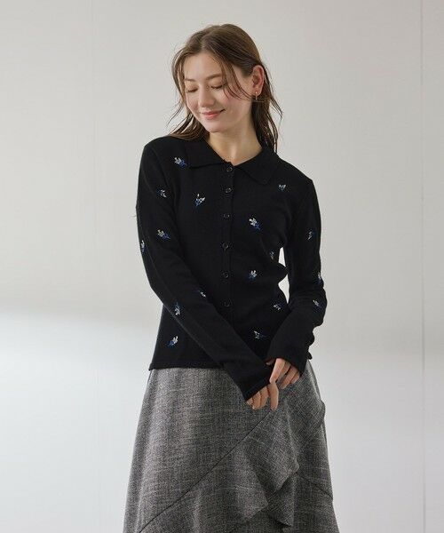 QUEENS COURT / クイーンズコート ニット・セーター | フラワーシシュウニットプルオーバー≪手洗い可能≫（ブラック）