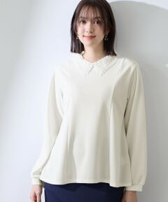 QUEENS COURT / クイーンズコート カットソー | カットジョーゼットレースカラーフレアプルオーバー