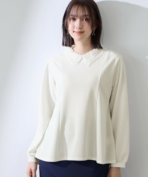 QUEENS COURT / クイーンズコート カットソー | カットジョーゼットレースカラーフレアプルオーバー（オフホワイト）