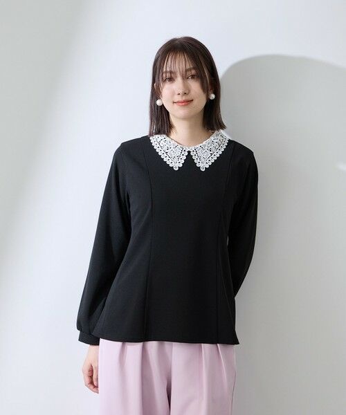 QUEENS COURT / クイーンズコート カットソー | カットジョーゼットレースカラーフレアプルオーバー（ブラック）