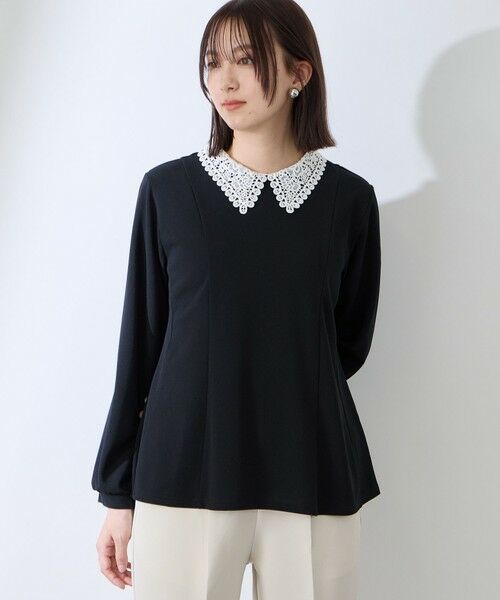 QUEENS COURT / クイーンズコート カットソー | カットジョーゼットレースカラーフレアプルオーバー（ネイビー）