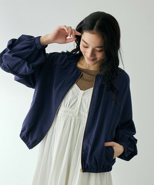 QUEENS COURT / クイーンズコート テーラードジャケット | ホイップスリーブノーカラーブルゾン（ネイビー）