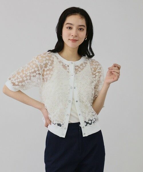 QUEENS COURT / クイーンズコート カーディガン・ボレロ | フラワー刺繍テキスタイルカーディガン | 詳細1