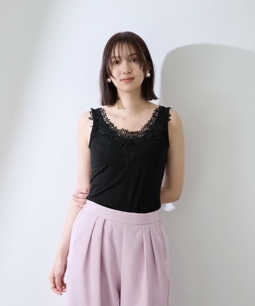 QUEENS COURT / クイーンズコート カットソー | レースパーツデュアルフェイスタンクトップ（ブラック）