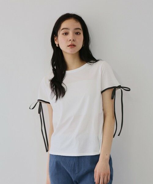 QUEENS COURT / クイーンズコート カットソー | サテンリボンスリーブプルオーバー（オフホワイト）