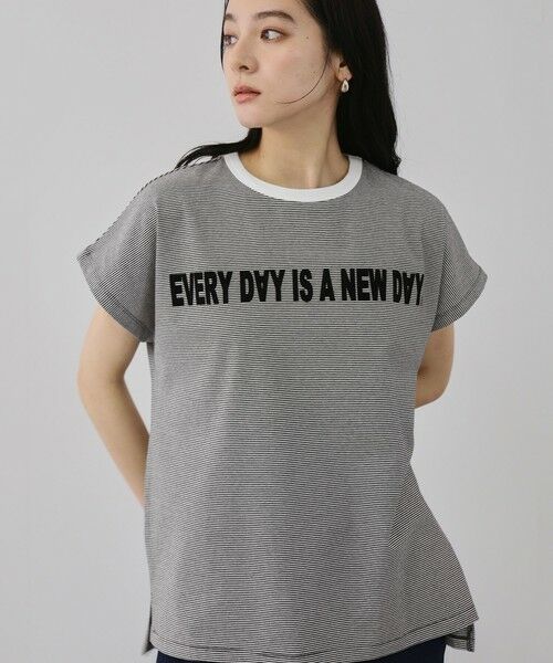 QUEENS COURT / クイーンズコート カットソー | ナローボーダーステートメントTシャツ（ブラック系その他）