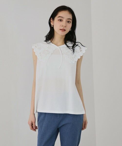 QUEENS COURT / クイーンズコート カットソー | セパレートスカラップレースカラープルオーバー（オフホワイト）