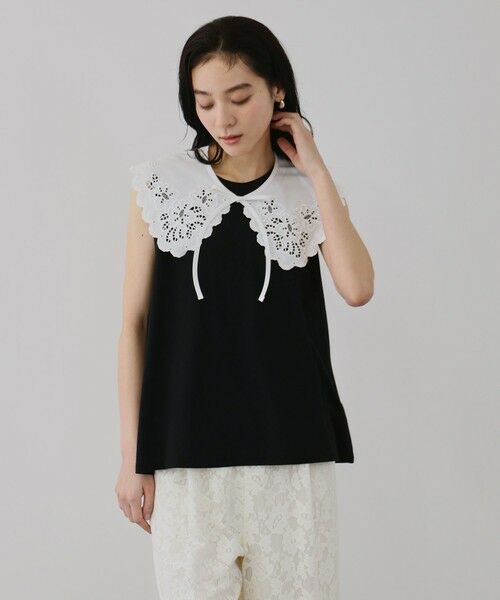 QUEENS COURT / クイーンズコート カットソー | セパレートスカラップレースカラープルオーバー（ブラック）