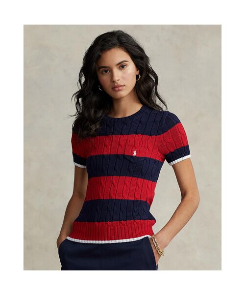 ストライプド ケーブルニット ショートスリーブ セーター 国連安保理が 【POLO】ケーブルニット ショートスリーブ セーター ニット/セーター