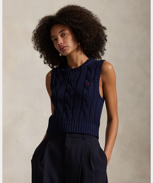 POLO RALPH LAUREN/ポロ ラルフ ローレン ケーブルニット コットン クロップド ベスト 400ブルー S POLO RALPH LAUREN/ポロ ラルフ ローレン ケーブルニット コットン クロップド ベスト 400ブルー S
