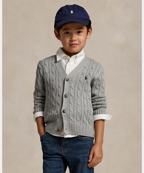 POLO RALPH LAUREN/ポロ ラルフ ローレン (ボーイズ 2才~7才)ケーブルニット コットン Vネック カーディガン 020グレー 7 POLO RALPH LAUREN/ポロ ラルフ ローレン (ボーイズ 2才~7才)ケーブルニット コットン Vネック カーディガン 020グレー 7