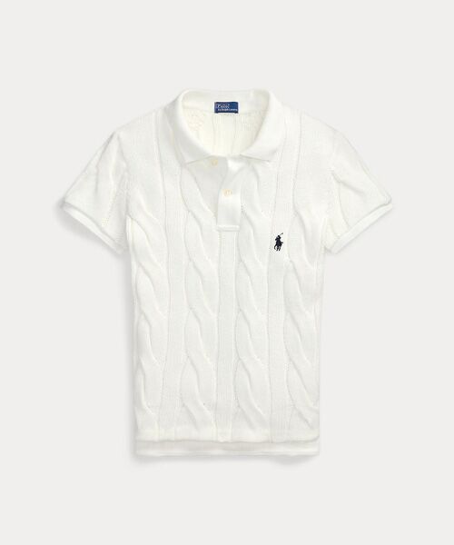 POLO RALPH LAUREN 半袖ケーブルニットコットン M 白い色chj 新色 ポロラルフローレン ポニー半袖コットンケーブルニット