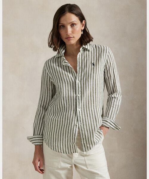 POLO RALPH LAUREN ポロラルフローレン クラシックフィット ストライプ シャツ 未使用品 サイズ:2  ホワイト/グリーン  レディース クラシック フィット ストライプド リネン シャツ