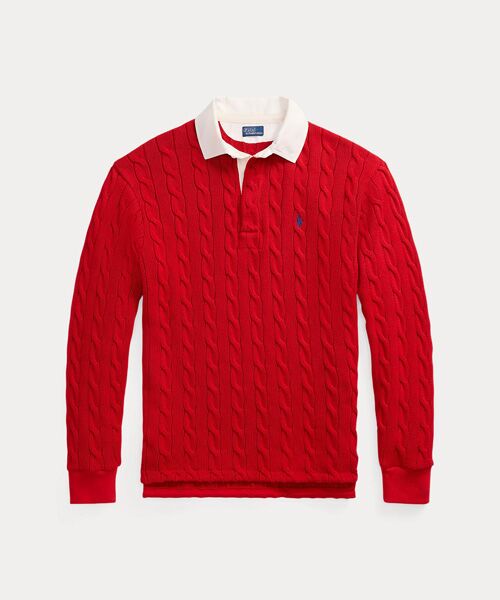 美品POLO Ralph Lauren ラルフローレン　ニット　シャツ　S ケーブルニット コットン ラグビー シャツ （ニット・セーター