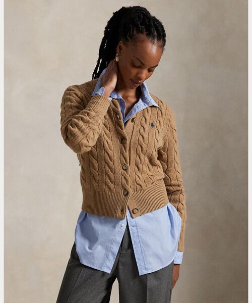 【未使用級】ラルフローレンウールカシミヤケーブルニット　ベージュ×ホワイトポニー POLO RALPH LAUREN/ポロラルフローレン】ケーブルニットウール