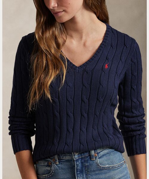 ケーブルニット コットン Vネック セーター （ニット・セーター