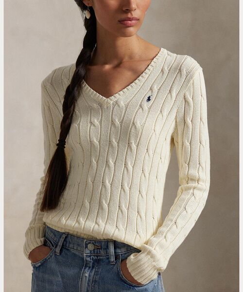 POLO RALPH LAUREN / ポロ ラルフ ローレン ニット・セーター | ケーブルニット コットン Vネック セーター | 詳細4