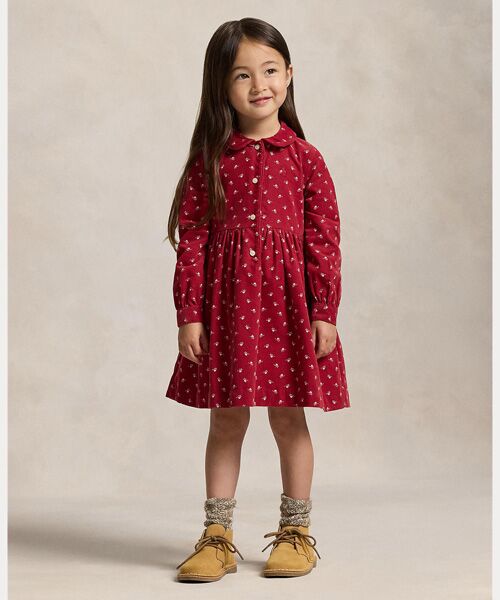 POLO RALPH LAUREN / ポロ ラルフ ローレン ミニ丈・ひざ丈ワンピース | (ガールズ 2才～6才)フローラル コットン コーデュロイ シャツドレス（600レッド）