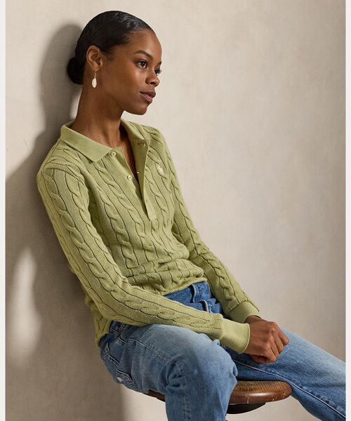 POLO RALPH LAUREN / ポロ ラルフ ローレン ポロシャツ | ケーブルニット コットン ロングスリーブ ポロシャツ（300グリーン）