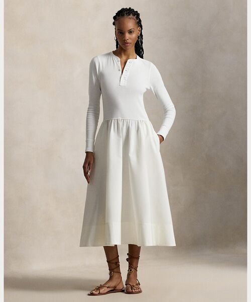 POLO RALPH LAUREN / ポロ ラルフ ローレン ロング・マキシ丈ワンピース | コットン ヘンリーネック ドレス（100ホワイト）