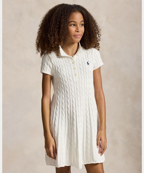 POLO RALPH LAUREN / ポロ ラルフ ローレン ミニ丈・ひざ丈ワンピース | (ガールズ 7才～16才)ケーブルニット コットン Polo セーター ドレス（100ホワイト）